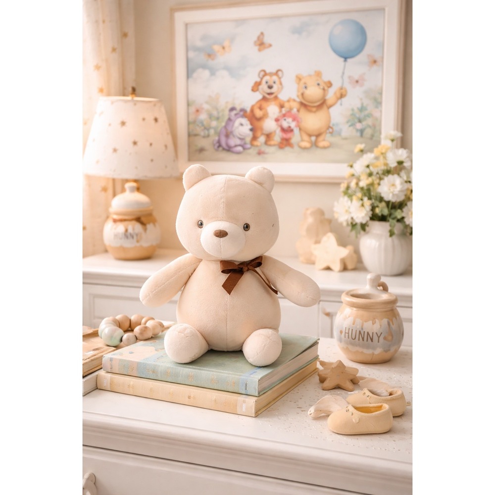 Disney Baby Plush Winnie the Pooh Classic Pooh Beige Brown Bow Velvety Soft Toy
